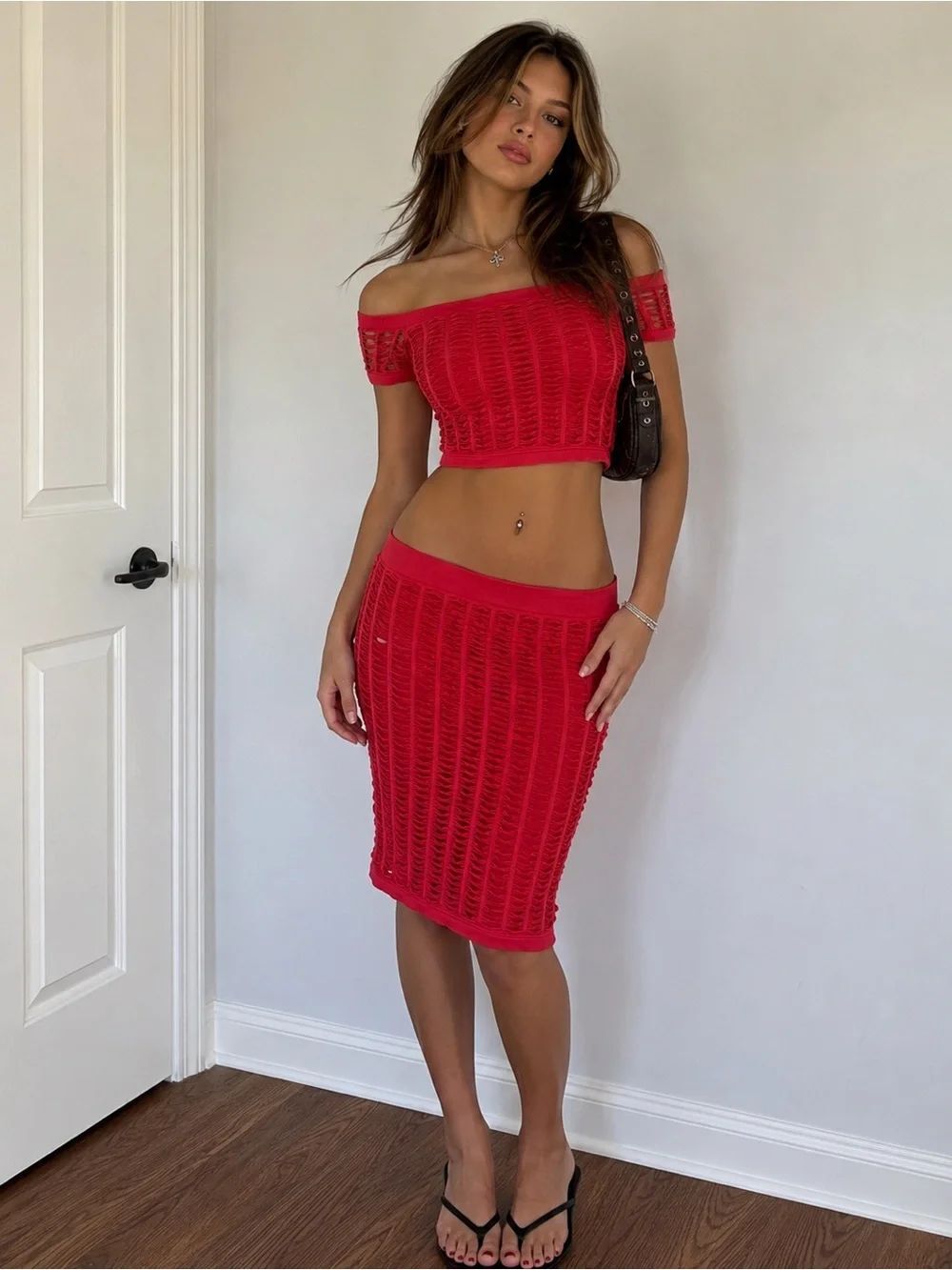 Y2K BEBE Coral Open Knit Bondage Off Shoulder Crop Top & Knee Length Skirt Set M